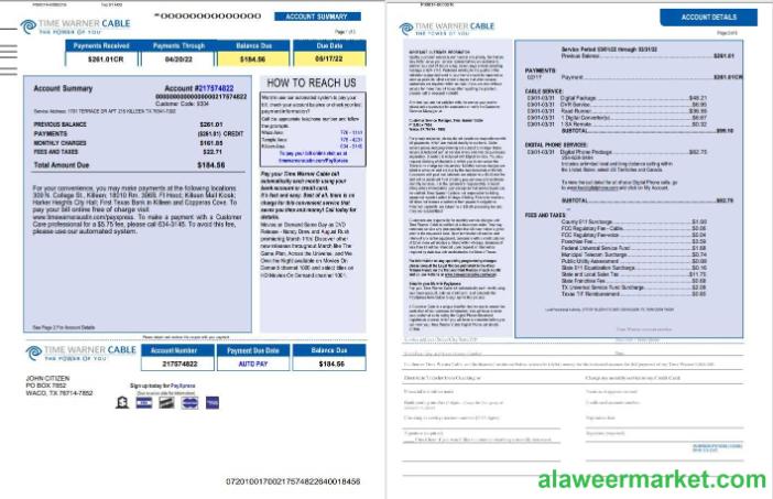 USA Time Warner Cabel utility bill, Word and PDF template, 3 pages 1 2